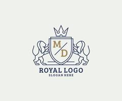 eerste md brief leeuw Koninklijk luxe logo sjabloon in vector kunst voor restaurant, royalty, boetiek, cafe, hotel, heraldisch, sieraden, mode en andere vector illustratie.