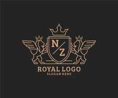 eerste nz brief leeuw Koninklijk luxe heraldisch, wapen logo sjabloon in vector kunst voor restaurant, royalty, boetiek, cafe, hotel, heraldisch, sieraden, mode en andere vector illustratie.