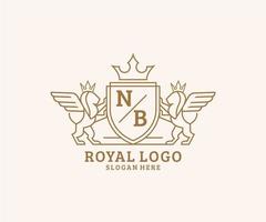 eerste nb brief leeuw Koninklijk luxe heraldisch, wapen logo sjabloon in vector kunst voor restaurant, royalty, boetiek, cafe, hotel, heraldisch, sieraden, mode en andere vector illustratie.