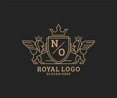 eerste Nee brief leeuw Koninklijk luxe heraldisch, wapen logo sjabloon in vector kunst voor restaurant, royalty, boetiek, cafe, hotel, heraldisch, sieraden, mode en andere vector illustratie.