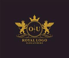 eerste ou brief leeuw Koninklijk luxe heraldisch, wapen logo sjabloon in vector kunst voor restaurant, royalty, boetiek, cafe, hotel, heraldisch, sieraden, mode en andere vector illustratie.