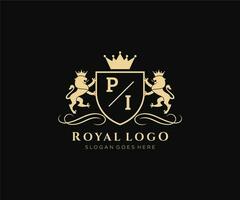 eerste pi brief leeuw Koninklijk luxe heraldisch, wapen logo sjabloon in vector kunst voor restaurant, royalty, boetiek, cafe, hotel, heraldisch, sieraden, mode en andere vector illustratie.
