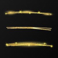 abstract glimmend confetti glinsterende golven. reeks van drie hand- getrokken borstel gouden beroertes Aan zwart vector