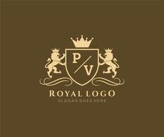 eerste pv brief leeuw Koninklijk luxe heraldisch, wapen logo sjabloon in vector kunst voor restaurant, royalty, boetiek, cafe, hotel, heraldisch, sieraden, mode en andere vector illustratie.