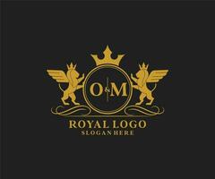 eerste om brief leeuw Koninklijk luxe heraldisch, wapen logo sjabloon in vector kunst voor restaurant, royalty, boetiek, cafe, hotel, heraldisch, sieraden, mode en andere vector illustratie.