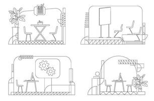 bedrijf interieur overzicht vector illustraties set. lege corporate kamers contour samenstelling op witte achtergrond. loungezone, briefingruimte en zakelijke kantoren eenvoudige stijltekeningenpakket