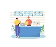 fastfood verkoper en koper egale kleur vector anonieme karakters. restaurantgestuurde online eten bestellen, café kassa geïsoleerde cartoon afbeelding voor web grafisch ontwerp en animatie