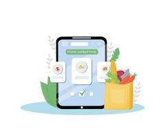 huisgemaakte maaltijden online bestellen mobiele applicatie platte concept vectorillustratie. gecertificeerde huiskeuken, zelfgemaakte bezorgservice voor eten. kant-en-klare voeding bestellen app creatief idee vector