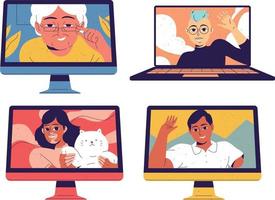 emoties van ouderen mensen Aan de computer scherm. vector illustratie.