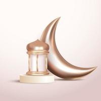 3d wassende maan en arabische lantaarns luxe ramadan decoraties vector