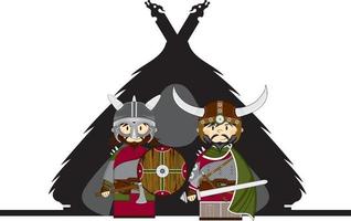 schattig tekenfilm viking krijgers en hoeve norse geschiedenis illustratie vector