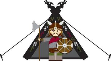 schattig tekenfilm viking krijger en tent norse geschiedenis illustratie vector