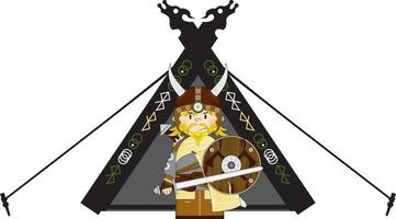 schattig tekenfilm viking krijger en tent norse geschiedenis illustratie vector