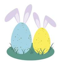 gekleurde Pasen eieren in blauw en geel kleuren met konijn oren Aan een groen gazon met gras. kinderen illustratie geïsoleerd Aan wit achtergrond. vector