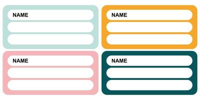 4 reeks van identiteit etiketten in vlak stijl. vector illustratie. schattig sticker Sjablonen, karakter naam labels, boek naam etiketten in ingetogen kleuren, etiketten markering de eigendom van een item.