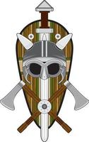 schattig tekenfilm viking krijger helm met schild en zwaard norse geschiedenis illustratie vector