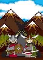 schattig tekenfilm viking krijgers en tent norse geschiedenis illustratie vector