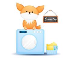 schattige doodle babyvos zit op de wasmachine vector