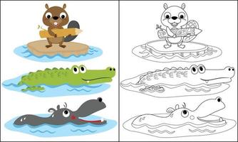 grappig zwemmer dieren. bever, krokodil en nijlpaard. kleur bladzijde of boek vector