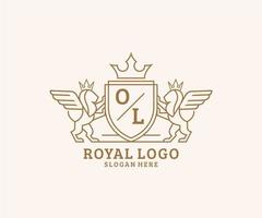 eerste ol brief leeuw Koninklijk luxe heraldisch, wapen logo sjabloon in vector kunst voor restaurant, royalty, boetiek, cafe, hotel, heraldisch, sieraden, mode en andere vector illustratie.