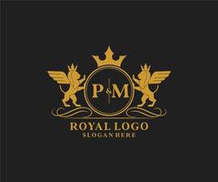 eerste p.m brief leeuw Koninklijk luxe heraldisch, wapen logo sjabloon in vector kunst voor restaurant, royalty, boetiek, cafe, hotel, heraldisch, sieraden, mode en andere vector illustratie.