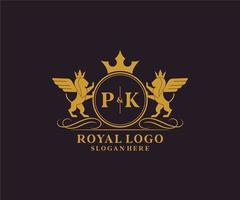 eerste pk brief leeuw Koninklijk luxe heraldisch, wapen logo sjabloon in vector kunst voor restaurant, royalty, boetiek, cafe, hotel, heraldisch, sieraden, mode en andere vector illustratie.