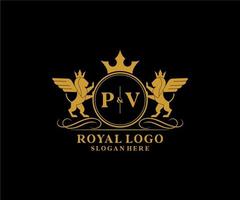 eerste pv brief leeuw Koninklijk luxe heraldisch, wapen logo sjabloon in vector kunst voor restaurant, royalty, boetiek, cafe, hotel, heraldisch, sieraden, mode en andere vector illustratie.