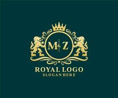 eerste mz brief leeuw Koninklijk luxe logo sjabloon in vector kunst voor restaurant, royalty, boetiek, cafe, hotel, heraldisch, sieraden, mode en andere vector illustratie.