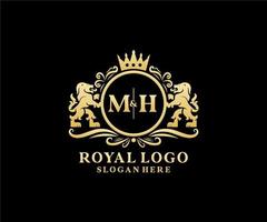 eerste mh brief leeuw Koninklijk luxe logo sjabloon in vector kunst voor restaurant, royalty, boetiek, cafe, hotel, heraldisch, sieraden, mode en andere vector illustratie.