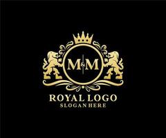 eerste mm brief leeuw Koninklijk luxe logo sjabloon in vector kunst voor restaurant, royalty, boetiek, cafe, hotel, heraldisch, sieraden, mode en andere vector illustratie.