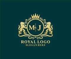 eerste mj brief leeuw Koninklijk luxe logo sjabloon in vector kunst voor restaurant, royalty, boetiek, cafe, hotel, heraldisch, sieraden, mode en andere vector illustratie.