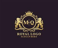 eerste mq brief leeuw Koninklijk luxe logo sjabloon in vector kunst voor restaurant, royalty, boetiek, cafe, hotel, heraldisch, sieraden, mode en andere vector illustratie.