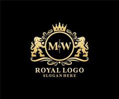 eerste mw brief leeuw Koninklijk luxe logo sjabloon in vector kunst voor restaurant, royalty, boetiek, cafe, hotel, heraldisch, sieraden, mode en andere vector illustratie.