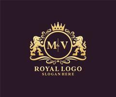 eerste mv brief leeuw Koninklijk luxe logo sjabloon in vector kunst voor restaurant, royalty, boetiek, cafe, hotel, heraldisch, sieraden, mode en andere vector illustratie.