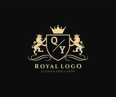 eerste qy brief leeuw Koninklijk luxe heraldisch, wapen logo sjabloon in vector kunst voor restaurant, royalty, boetiek, cafe, hotel, heraldisch, sieraden, mode en andere vector illustratie.