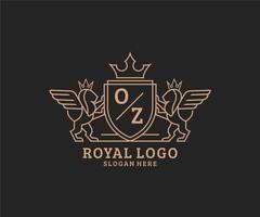 eerste oz brief leeuw Koninklijk luxe heraldisch, wapen logo sjabloon in vector kunst voor restaurant, royalty, boetiek, cafe, hotel, heraldisch, sieraden, mode en andere vector illustratie.