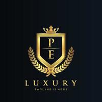 pe brief eerste met Koninklijk luxe logo sjabloon vector