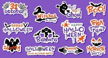 reeks van halloween sticker met geesten, vleermuizen en spin webben. vector