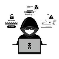 cyber misdrijf en hacker werkzaamheid concept met vlak stijl vector illustratie.