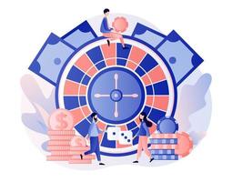 casino en het gokken concept. klein mensen gaming het gokken spellen. mensen Speel roulette. modern vlak tekenfilm stijl. vector illustratie