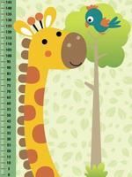 meter muur met tekenfilm giraffe en vogel Aan bladeren patroon achtergrond vector