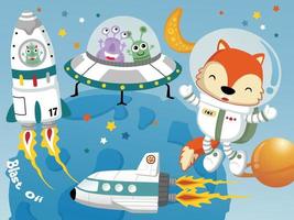 vector illustratie van schattig vos in astronaut kostuum met buitenaardse wezens in ruimtevaartuig, ruimte elementen tekenfilm