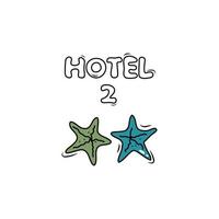 2 sterren beoordeling hotel, midden- onderhoud. hand- getrokken geschetst afbeelding met een zeester. tekening tekenfilm illustratie Aan wit achtergrond vector