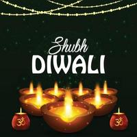 gelukkig diwali-festival van lichtgroetkaart met creatieve diwali diya en lantaarn vector