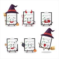 halloween uitdrukking emoticons met tekenfilm karakter van klembord met checklist vector