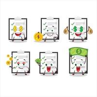 klembord met checklist tekenfilm karakter met schattig emoticon brengen geld vector