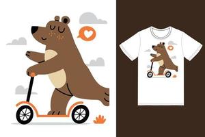 schattig beer rijden scooter illustratie met t-shirt ontwerp premie vector