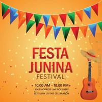 festa junina uitnodigingskaarten met gitaar en hoed vector