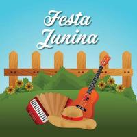 festa junina uitnodigingskaarten met gitaar en papieren lantaarn op witte achtergrond vector