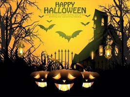 Halloween-nachtachtergrond met gloeiende pompoen, spookhuis en vleermuizen. vector